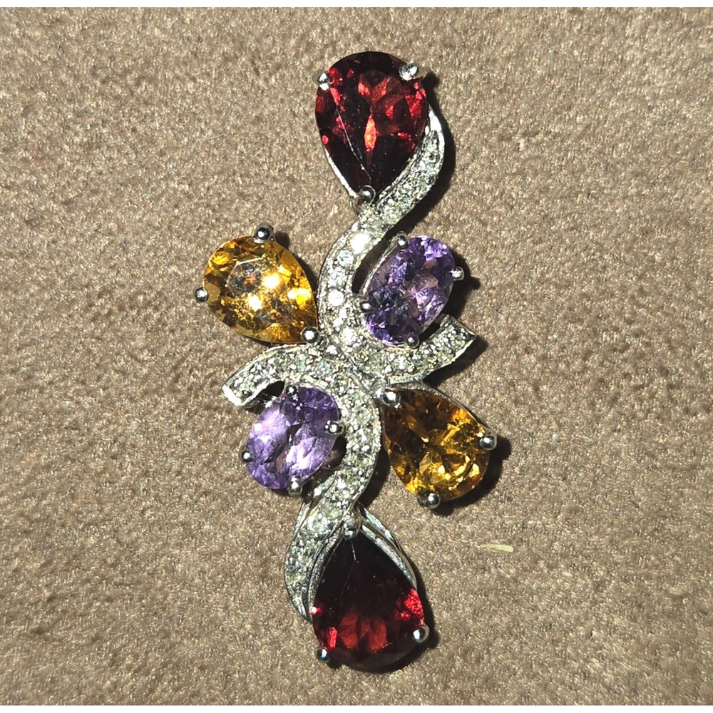 Sterling Silver 925 Multi Gemstone Pendant Garnet Citrine Amethyst Floral‎ oral